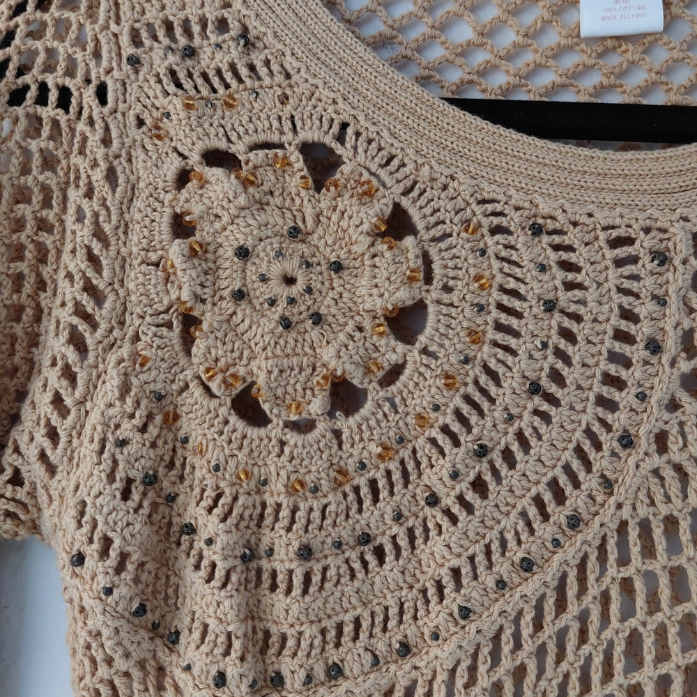 Tommy Bahama Tan Crochet Boho Open Stitch Sweater - image 5